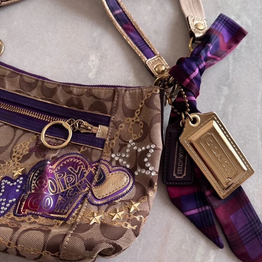 RARE Coach Poppy Tartan Applique Groovy Crossbody Shoulder Bag Brown Monogram - Picture 2 of 16